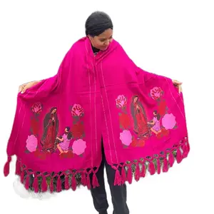 Rebozos Grandes Floral Virgen de Guadalupe Cotton Handcrafted Artistry All Seasons Versatile Use Handmade Embroidery & Painting Artesanal Shawls - Embroidered Scarf