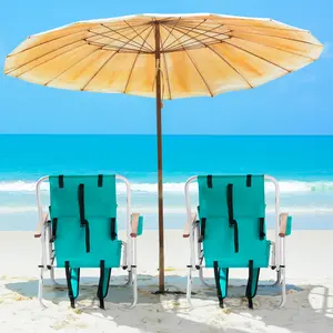 Adults' 2-Piece Folding Beach Chair Set - 4-Position Portable Backpack Camping Chairs with Steel Frame, Headrest, Cup Holder, Wooden Armrests (Green)