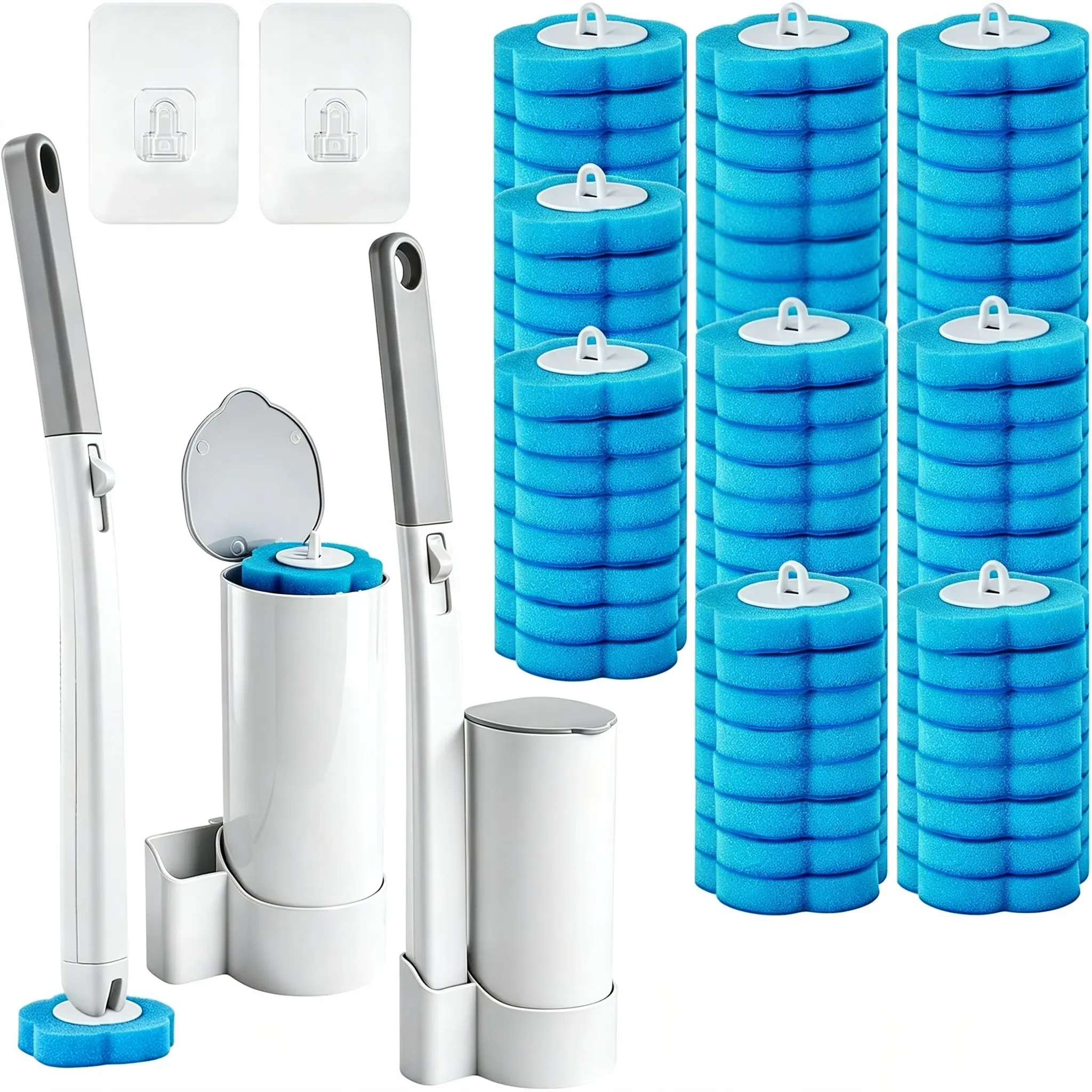 Disposable Toilet brush kit , 2-Pack with 72 Refills & Wall Holder - 360° Compact Head, Deep Scrubbing Cleaner, 1-Touch Disposal for Toilet Bowls, Sinks, Bathroom cleaning system