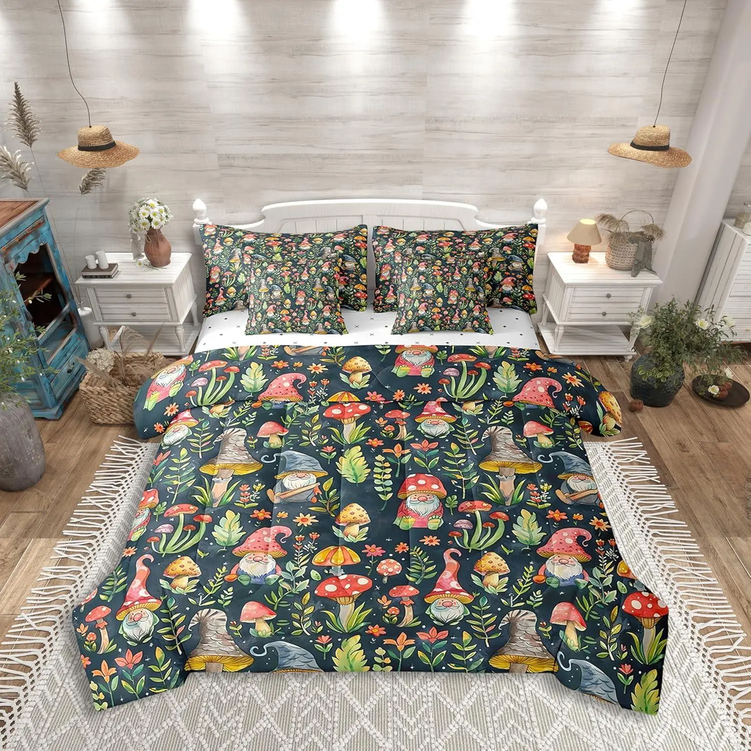 Mushroom Gnome Comforter Set Bed in a Bag,7 Pieces,Botanical Leaves Bedding Set, (Comforter+Fitted+Flat Sheet+2 Pillowcases+2 Throw Pillow Covers), Comforter Queen Size, Quilt Bedding Set