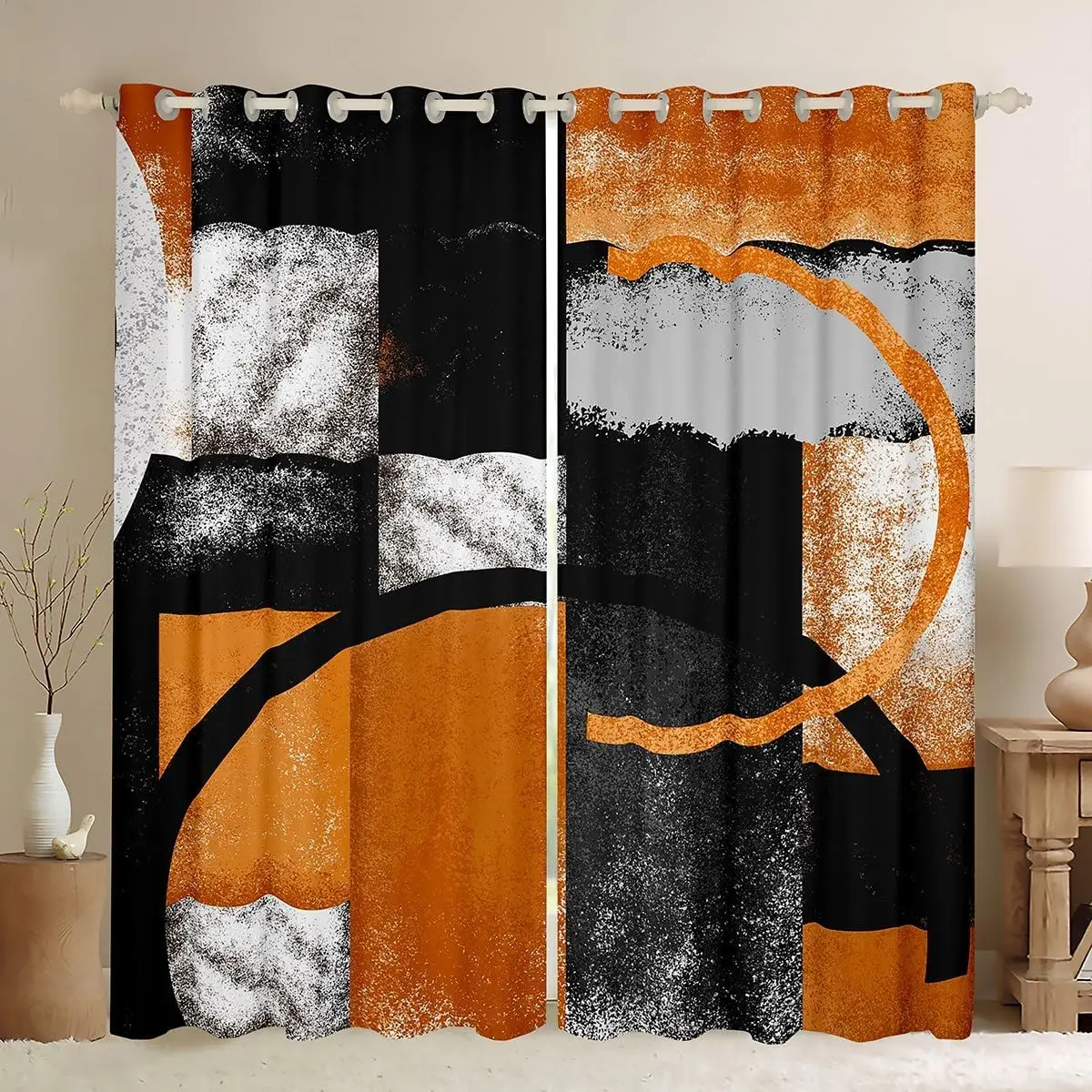 Abstract Orange and Black Blackout Curtains Retro Circle Swirls Window Curtains Abstract Art Darkening Dreapes Gray Black Orange Stripe Window Treatments (2 Panels)