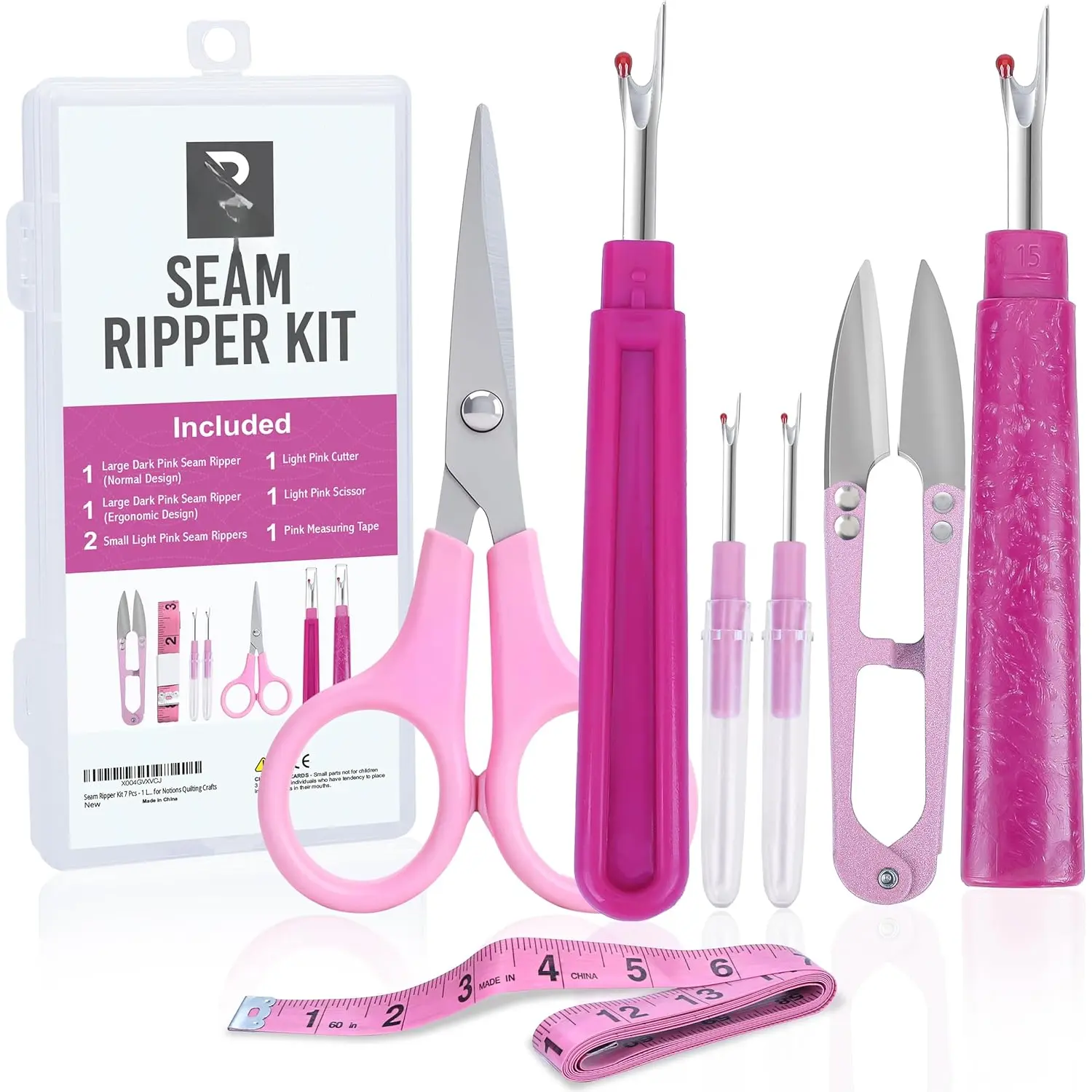 Seam Ripper Kit 7 count - 1 Large, 1 , 2 Small Seam Rippers, Thread , Scissor, Measuring Tape - Sewing Accessories for Notions Quilting Crafts