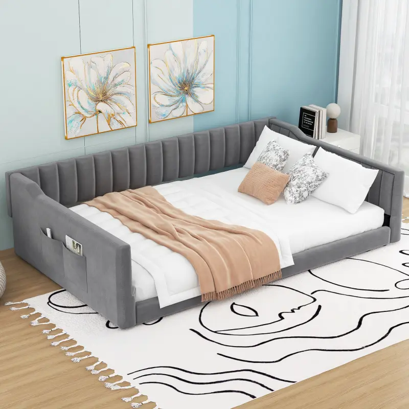Classic Full XL Size Luxury Velvet Daybed with Side Storage Pocket, Clean Lines, Vertical Stripes, Multi-Use Seat, Upholstered Sofabed for Living Rooms, Apartments