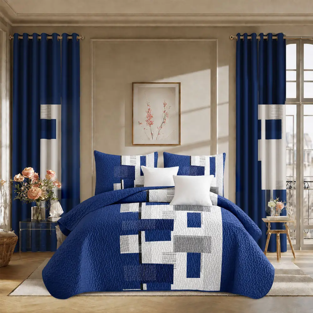 9PCS Royal Blue Geometric Block Bedding & Curtain Bundle Modern Contrast Quilted Bedspread Matching Tone Blackout Curtain Full Bedroom Pack