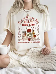 Beige Vintage Belle's Book Shop Graphic Oversized T-Shirt - Beauty and the Beast Disney IP Casual Tee, 2025 Trending Retro Disney Streetwear, Soft Washed Fabric Perfect for Disney Fan Daily Wear, Book Lover Hangouts & Leisure Outings, Bold "Tale as Old as