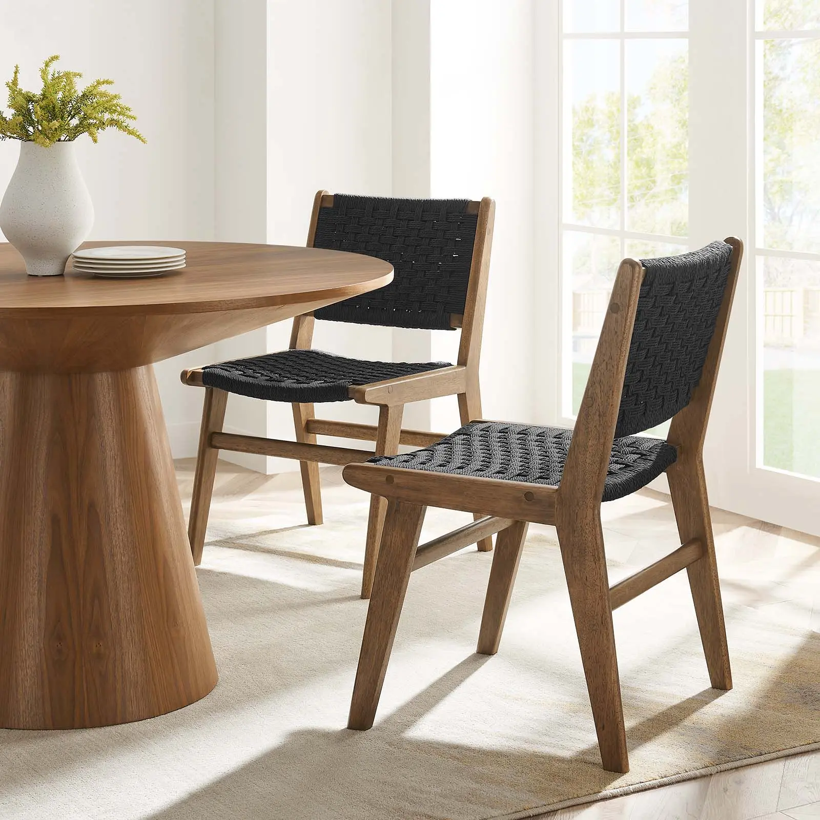 Modway Saoirse Woven Rope Wood Dining Side Chair, Walnut-Black Finish, Indoor Furniture Dining Room Chairs