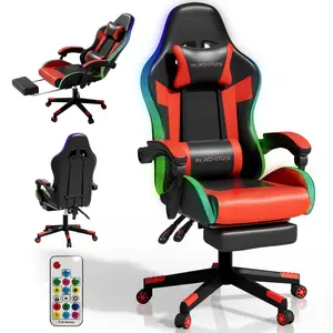 【New Arrival】Mr IRONSTONE Gaming Chair, RGB LED Lights Computer Chair with Footrest, Lumbar Support Massager Gamer Chair, High Back, 90-135° Reclining, Linkage Armrests, Blue