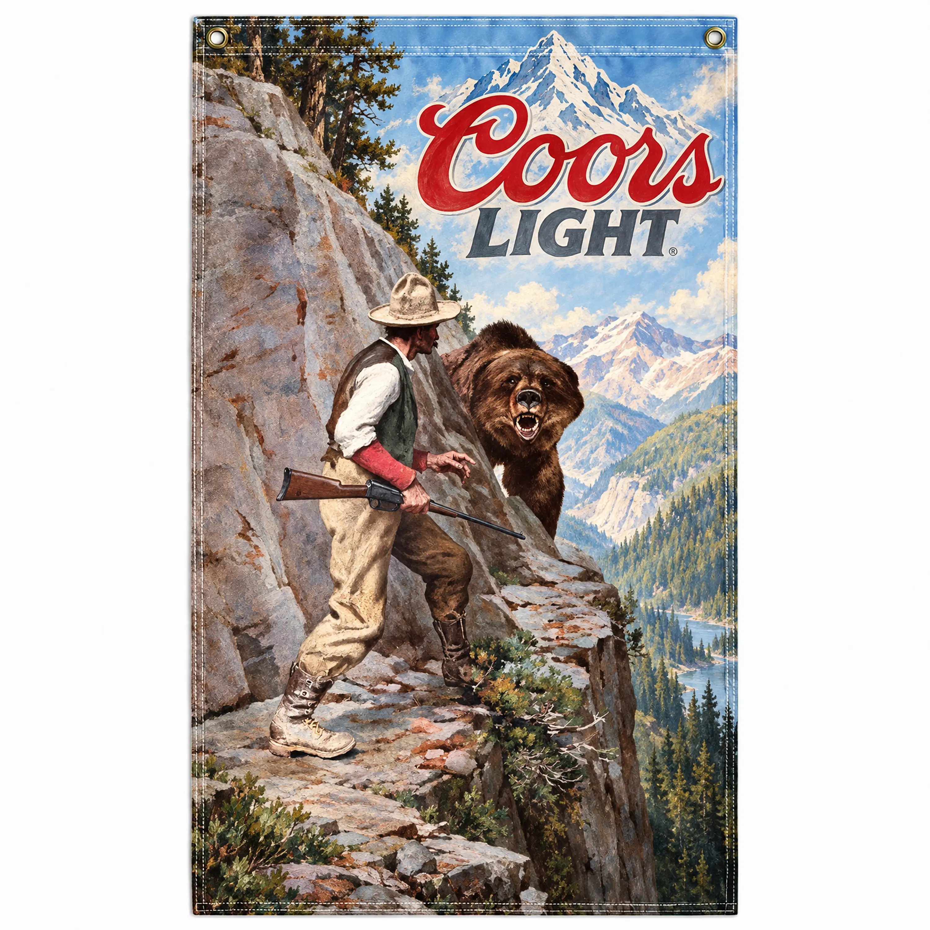 Coors Light Bear Hunting Flag, Vintage Grizzly Bear Attack Banner, Rocky Mountain Man Tapestry, Hunting Cabin Wall Decor, Country Boy Man Cave Art, Big Game Hunter Gift, Rustic Western Beer Sign, Cold Beer Wall Hanging