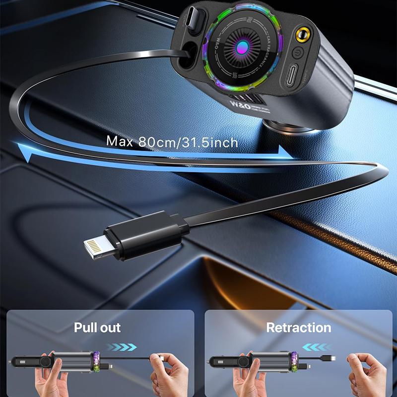 【New Airfreshener Starlight In Car Roof】5 in 1 Car Charger, Car Air Freshener with High Speed USB C Adapter with Lightning Cable & Charge Port for iPhone & Android Phone, Retractable Car Charger, Comes with 3 Bottles of Fragrance, Car Accessories