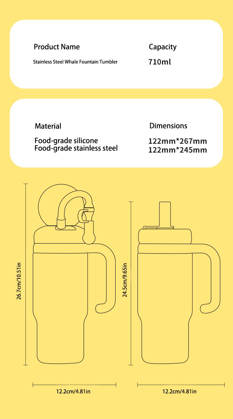 【COMOBEBE】24oz Stainless Steel Whale Fountain Tumbler – Spill-Proof, Dual Lids, Durable Handle, Dishwasher Safe, Cute and Fun for Kids & Adults