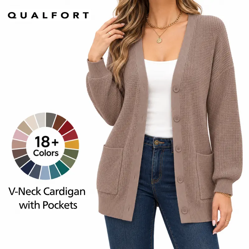 QUALFORT Women's 100% Cotton Chic Knitting Cardigan Sweaters - Soft, Breathable Long-Sleeve V-Neck Button-Down Knitwear with Pockets, Casual Layering Tops for Spring, Fall