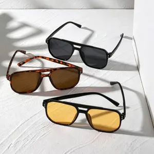 3 Pairs Unisex Double Bridge Aviator Sunglasses, Black/Tortoise/Yellow Lens UV400 Retro Square Outdoor Driving Sun Glasses