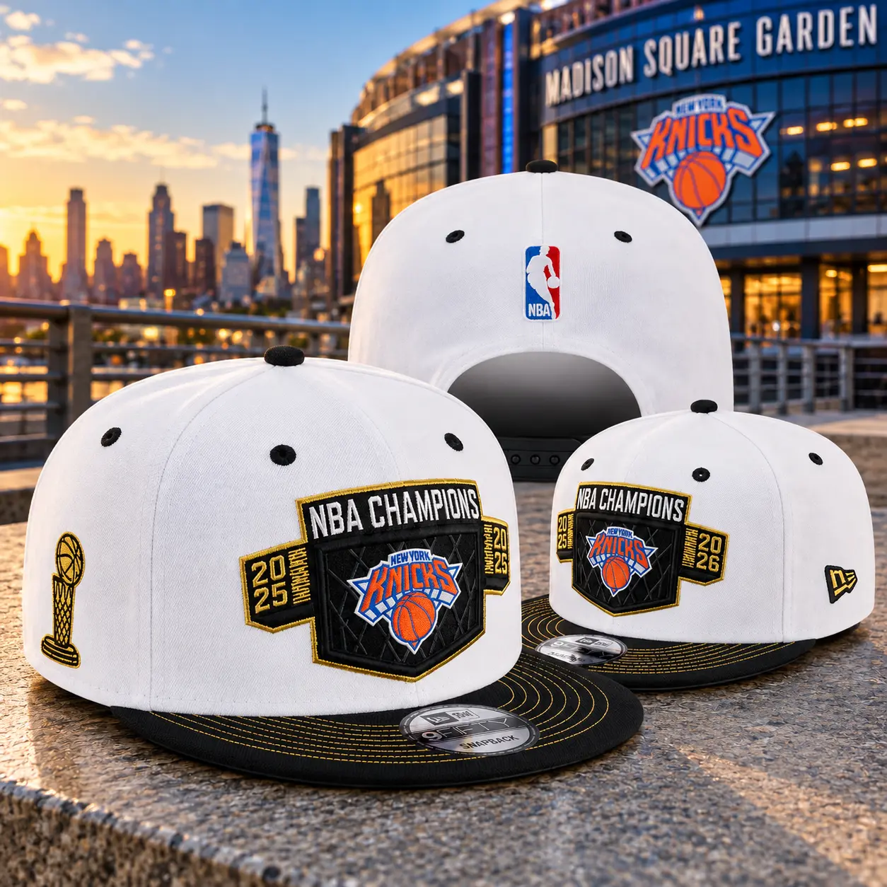 New York Knicks 2026 NBA Champions White 9FIFTY Snapback Hat – Embroidered Championship Patch Flat Brim Basketball Fan Cap