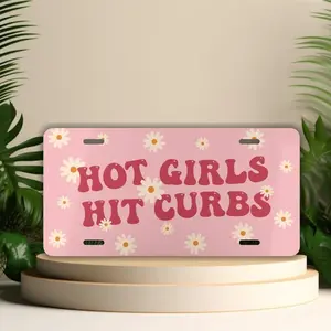 Hot Girls Hit Curbs Front License Plate Pink Retro Daisy Vanity Car Tags Girly Car Accessories Funny License Plates Hot Girls Hit Cubs
