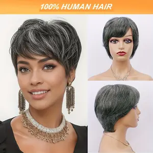 2025 NEW Wholesale Grey Glueless Wigs for Black Women Salt and Pepper Human Hair Wig Pre Plucked Gray Human Hair Wig Short Pixie Cut Bob Wig with Bangs Layered None Lace Full Machine Made Grey Wigs