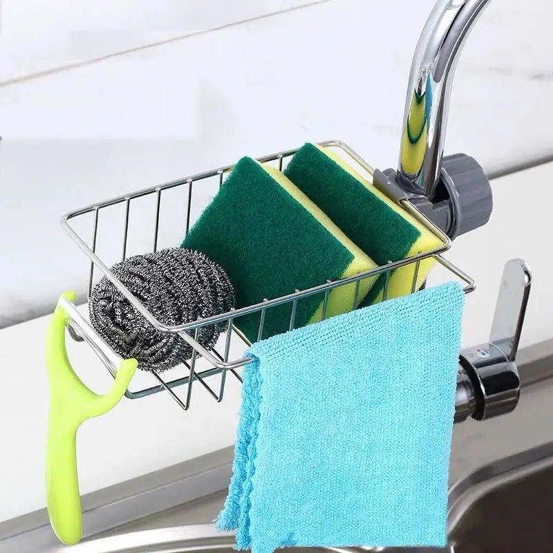 Stainless Steel Kitchen Sink Organizer, Over Sink Sponge Holder, Hanging Dish Drying Rack with Towel Bar for Kitchen Accessories Storage