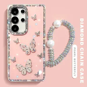 3D Diamond Chain Protective Phone Case For Samsung S24 S25 FE S25 Plus S23 Ultra A17 A07 A16 A26 A36 A56 A15 A35 A55 5G Glitter Butterfly Cover