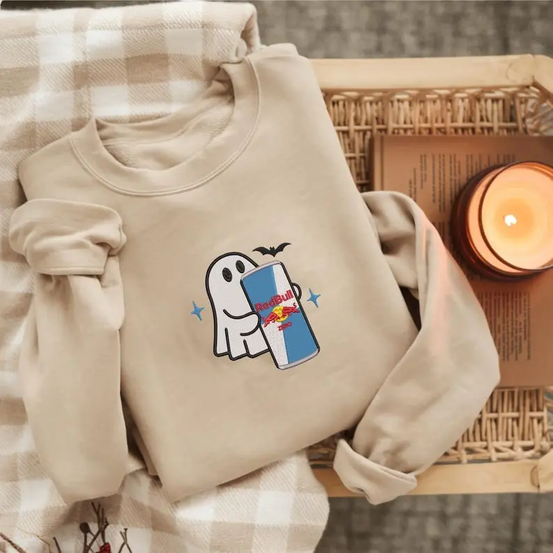 Embroidered Ghost Red Bull Sugar Free Sweatshirt, Embroidered Cute Ghost, Energy Drink Sweatshirt, Cute Ghost Sweatshirt