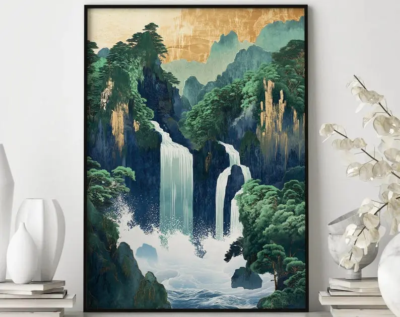 Hokusai Ukiyo-e Waterfall Art Print, Japanese Landscape Poster [UNFRAMED]