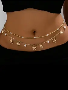Boho Starfish Shell Belly Chain, Starfish Design 2 Layer Beaded Waist Jewelry for Beach, Stylish Accessory for Summer