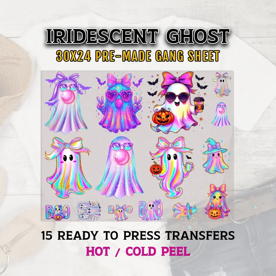 Iridescent Ghost DTF Transfer Ready For Press, Ghost Transfers, Halloween DTF Transfer, Ghosts DTF Prints, Direct to Film, Neon Halloween