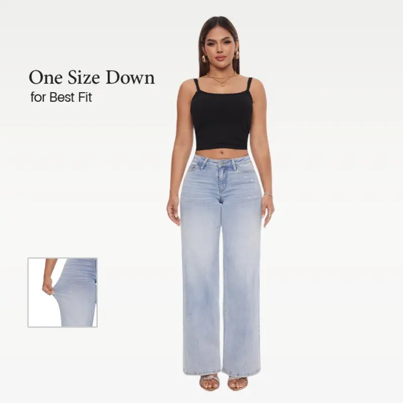 Vogatiques Super Stretchy Mid Waist Wide Leg Baggy Jeans Butterfly Flare Jeans Curvy Tummy Control Plus Size Regular Size BBL Womenswear Bottom Denim Pants Lifting Underwear Lady Streetwear Trouser Minimalist High Waist