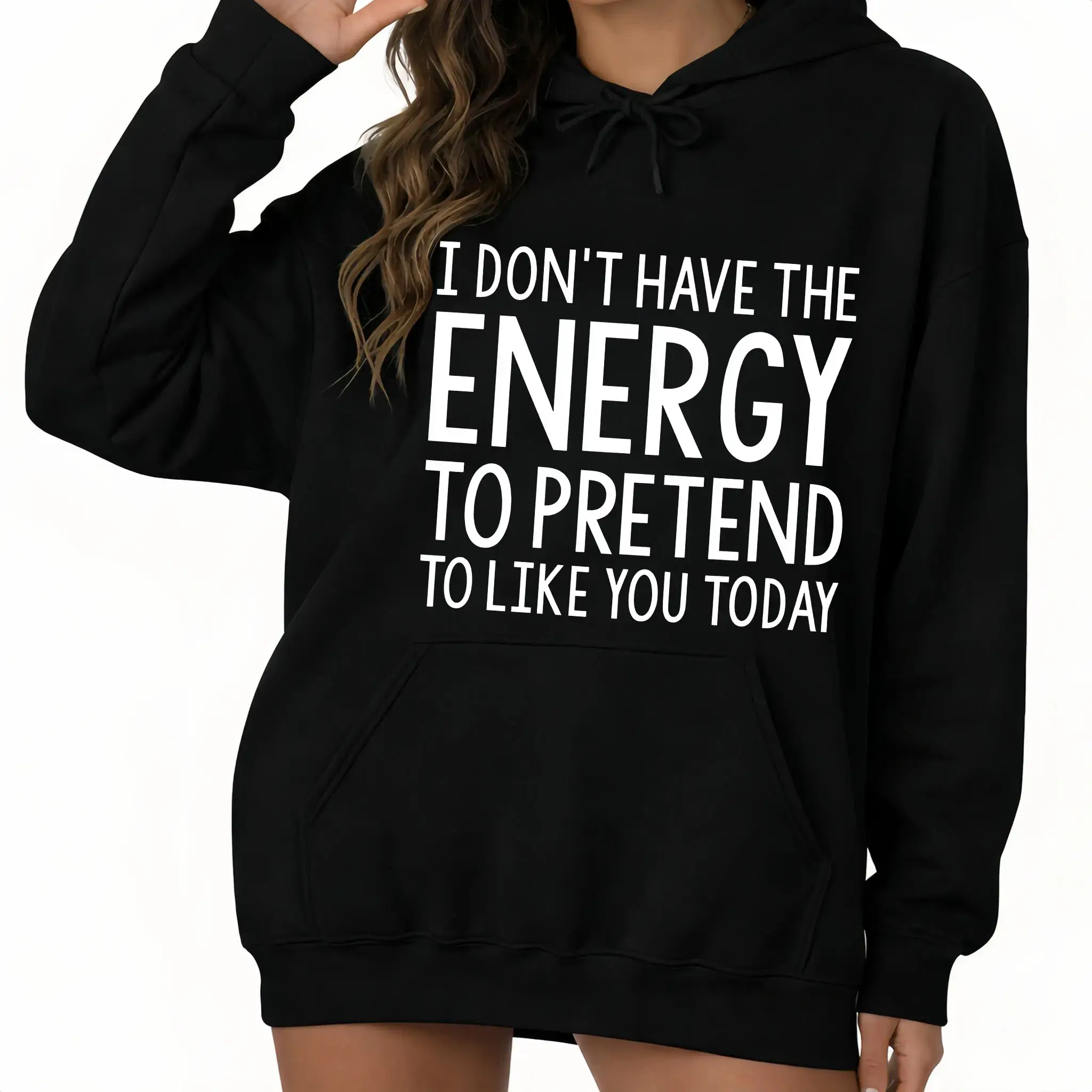 Funny Sarcastic Quote Hoodie | I Don't Have Energy Black Oversized Hooded Sweatshirt | Introvert Casual Pullover