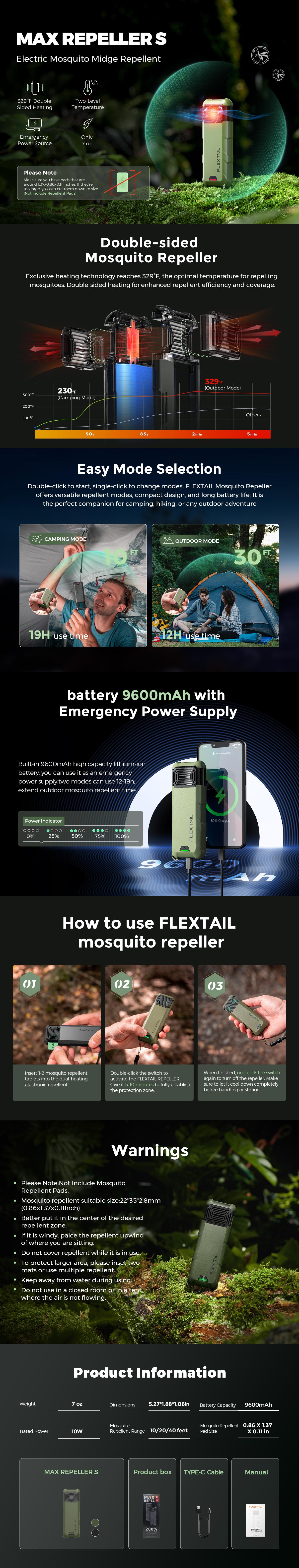 FLEXTAIL MAX Repeller S - Portable Electric Mosquito Repeller, 30ft Protection, 329°F Efficient Heating, Ideal for Camping, Backpacking, Patios (Repellent Pads Not Included)