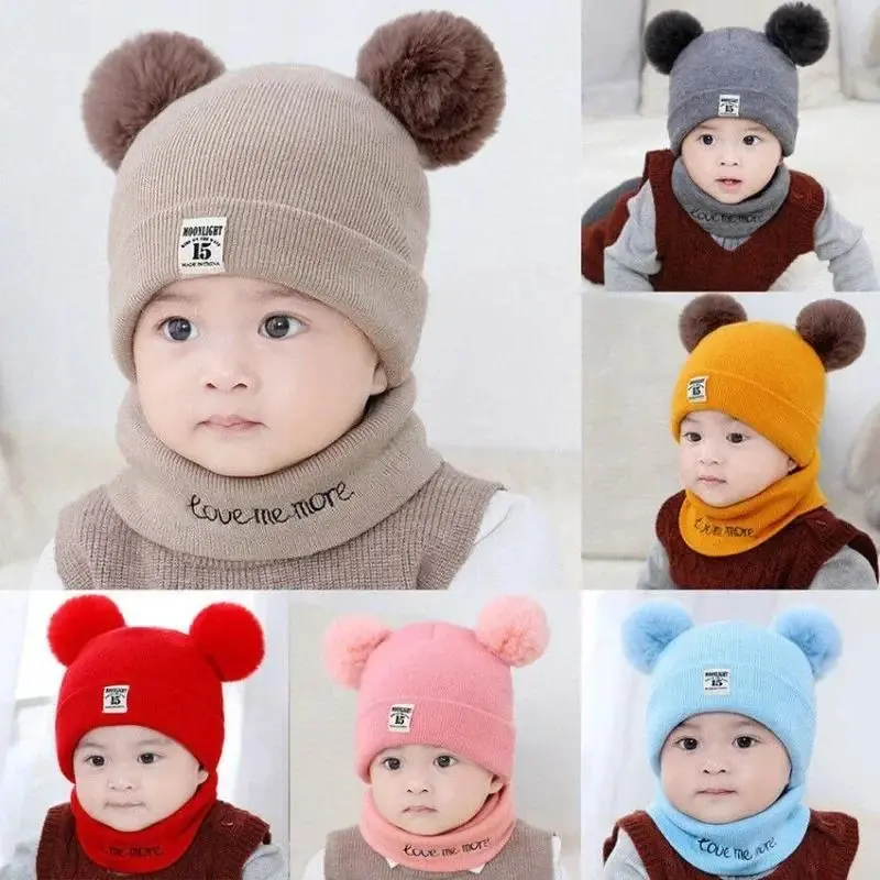 Korean Cute Bear Ear Hat and Scarf Set - Baby Winter Animal-Themed Warm Knitted Ear Flap Hat with Faux Fur Pom Pom, Bunny Bonnet