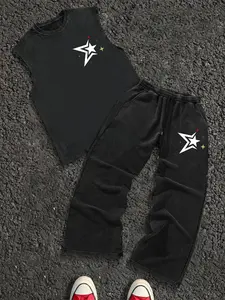 Men's Two-Piece Set Vest Top & Pants, Star Print, Regular Size, Casual Fashion, Cotton Blend, Breathable Comfort, All Seasons Wear, Matching, Clothes