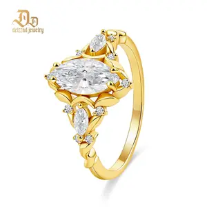 Delzzad 14k Gold-Plated 1ct Vintage Marquise Cut Engagement Ring Synthetic Moissanite Ring Jewelry S925 Perfect Birthday Engagement Wedding Anniversary Christmas Gift