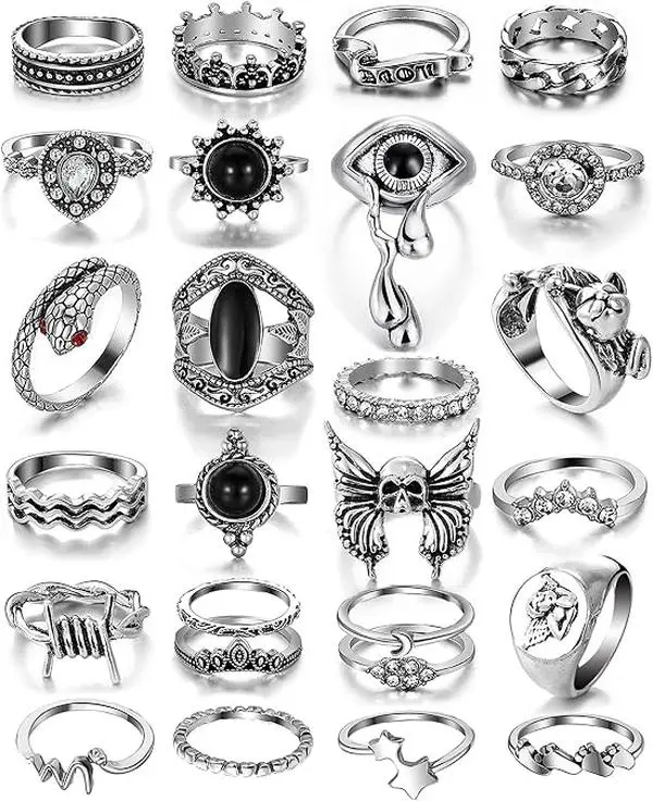 26-35 Pcs Vintage Silver Knuckle Rings Set for Women Men, Grunge Gothic Rings Chunky Aesthetic Snake Stackable Adjustable Punk Bulky Finger Alt Fairy Skull Frog Heart Star Flower Midi Ring Pack