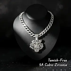 Cuban Link Chain Necklace with Zircon Clasp for Men Trendy 18 Inch Hip Hop Encrusted Tiger Pendant Jewelry Gift for Black Friday Christmas，Fashion Jewelry for Party, Daily Decor, for Birthday Gift