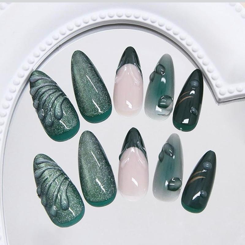 10Pcs 3D Green Ripple Design False Nails Cat's Eye French Almond Fake Nail Tips Leaves Pattern Removable Oval Press on Nails ABS Material Ballerina Style Easy to Use