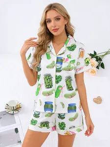 Women's Printed Collared Short Sleeve Pajama Set, Comfortable Cartoon Pattern Sleepwear, Unisex Home, Cozy Lounge Clothing