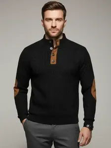 Men's Autumn Winter Warm Knit Sweater, Business Casual Half Button Neck, Elbow Wear-Resistant Patchwork, Daily Commute Top
