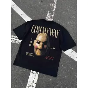 M-TP "Come My Way" Graphic Tee - Oversized Heavyweight Cotton T-Shirt with Wooden Mask Art Back Print 9MR R6L