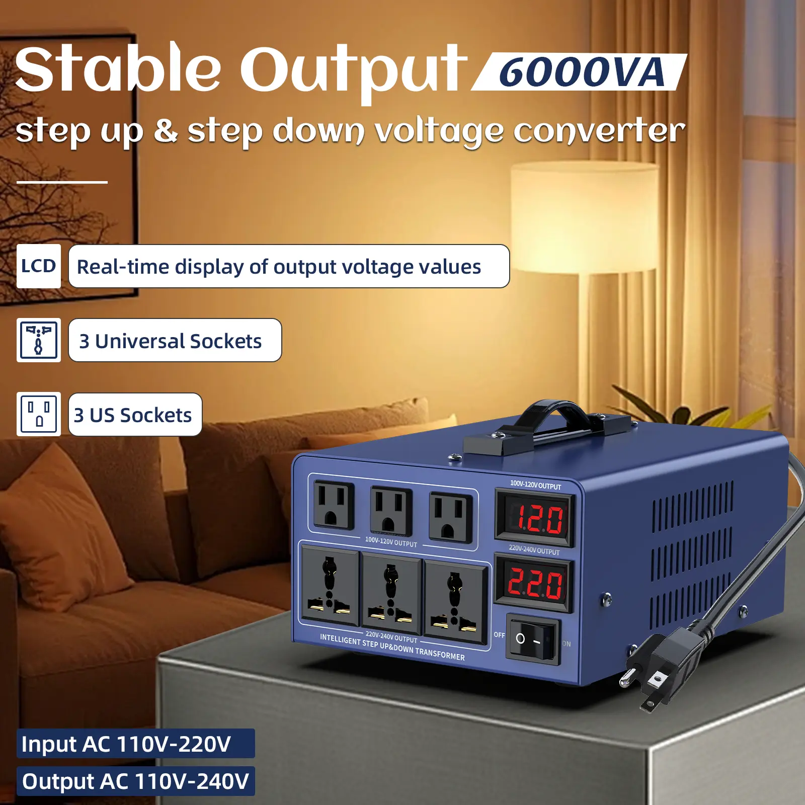 6000W(peak power) Bidirectional Voltage Converter Transformer 110V-220V Step Up/Down with Dual Circuit Breakers, US Power Cord Compact Design for Home/Commercial Use, Multi-Country Support, Electrical Adapter, Functional Electronics, Clearly Labeled summe