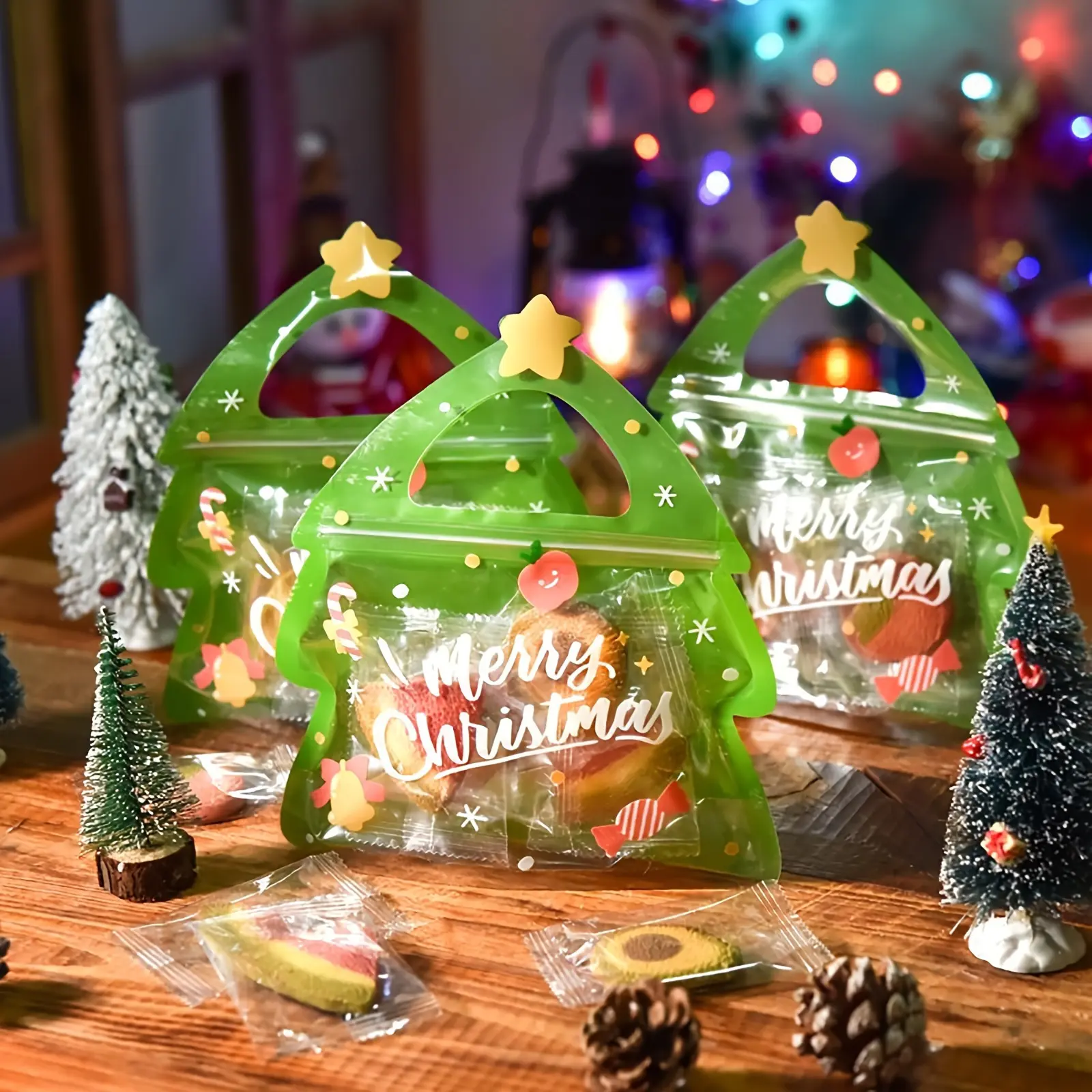 10/20pcs Christmas Gift Bag For Candy Chocolate Cookie Nougat Biscuit Packing Gift Tree Santa Zipper Bags