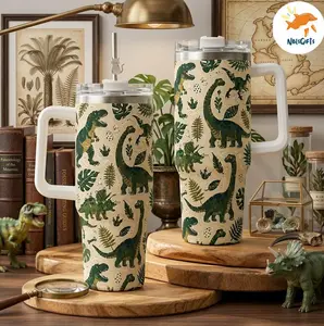 Cute Dinosaur Tumbler with Handle, Jurassic Dino 40oz Travel Mug, Green Prehistoric Cup with Straw, Dinosaur Lover Gift