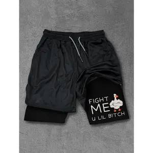 FIGHT ME U LIL BTCH PERFORMANCE TRAINING SHORTS Shorts Men's Cross & Letter Print 2 in 1 Drawstring Waist Shorts, Loose Casual Pocket Track Shorts for Summer, Fashion Men's Bottoms for Daily Wear