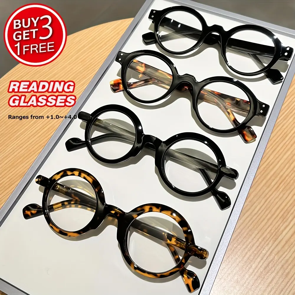 4-piece set of fashionable and exquisite small round-frame reading glasses, suitable for both men and women, ideal for reading, watching TV, and working on computer, a great gift choice