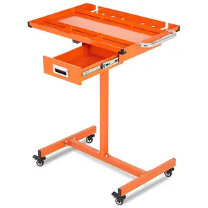 Adjustable Height Heavy Duty Mobile Workbench Table, Steel Construction with Lockable Caster Wheels, Steel Tray & Optional Drawer, 220-300 LBS Load Capacity, Portable Garage Workshop Mechanic DIY Workstation, Orange/Black