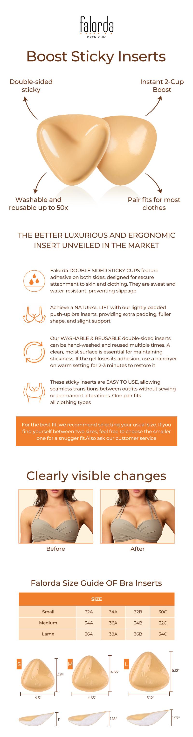 Falorda sticky inserts, Minimalist, Instant 2-Cup Boost,Underwear, Comfort,Push Up Low-cut, Fits for dresses, Bikinis, Tops, Reusable bras