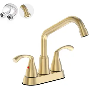 Brushed Gold Rotatable Long Spout Laundry Utility Sink Faucet with Garden House Threaded End, 4 InchCenterset,Water Supply Lines, 2 Handles for 3-Hole Sinks,LF180-BG