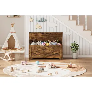 Farmhouse Wooden Storage Chest with Safety Hinges, Large Storage Bench & Toy Box for Kids, Lift-Top Shoe Trunk Organizer for Entryway & Bedroom, Easy Assembly
