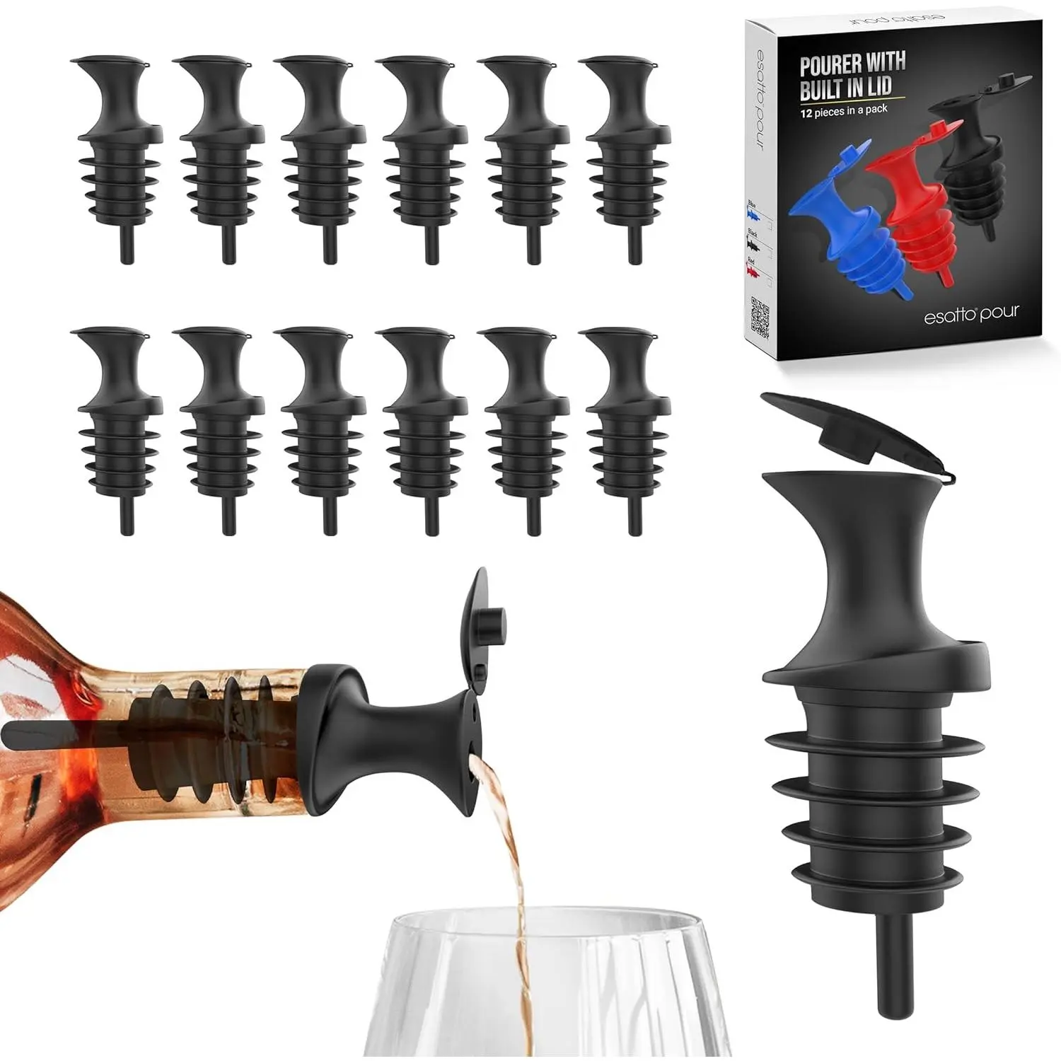 12-Pack Black Plastic Bottle Pourers with Built-In Lid Stopper - Professional Bar Tool for Easy Precise Pouring, Pour and Seal Home & Party Supplies Accessory
