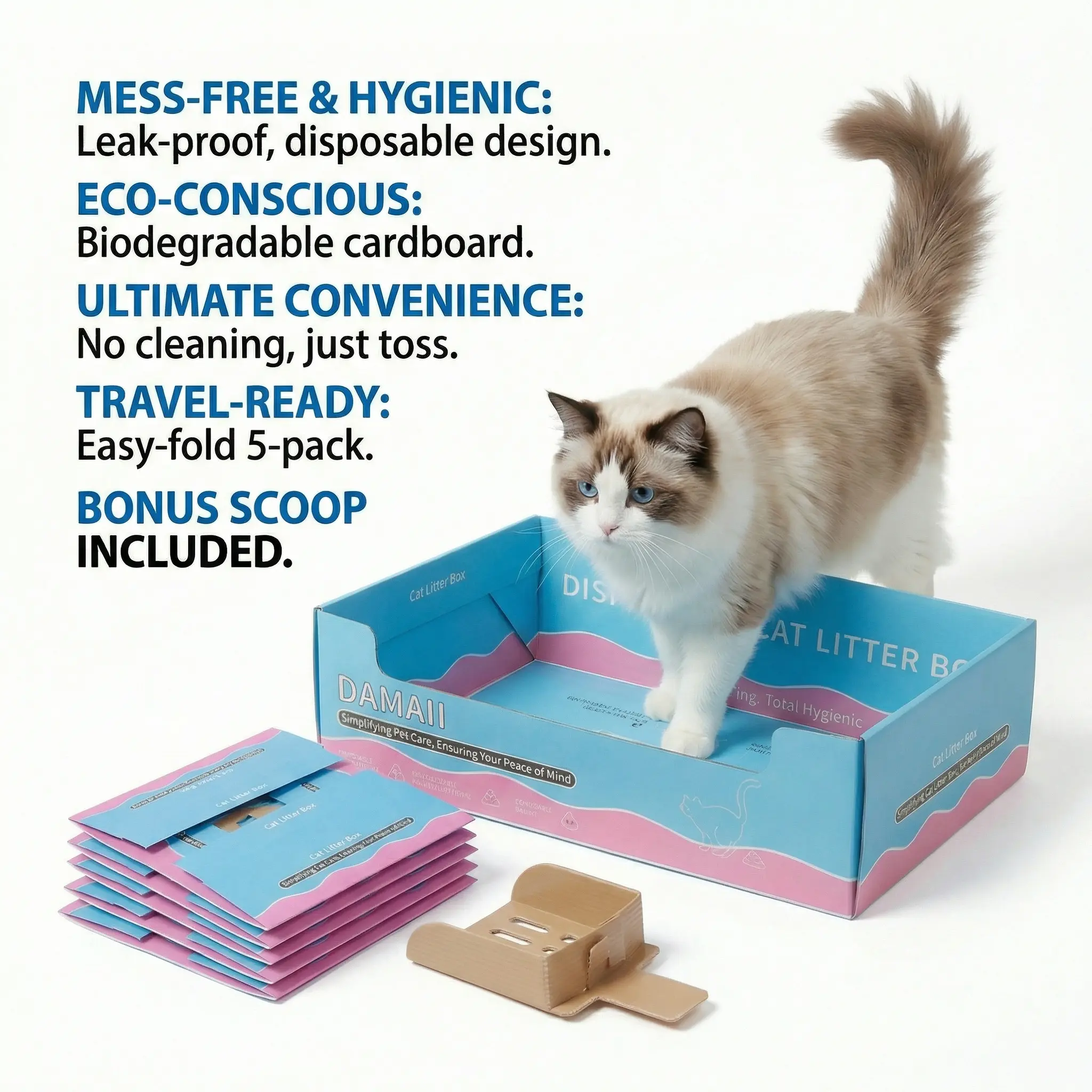 [5 Pack] Disposable Biodegradable Recycled Paper Cat Litter Box with 5 Scoops - Leak-Proof, Odor Control, Mess-Free - Large Portable Litter Box for Indoor/Road Trips (15.7"x11.4"x4.7")