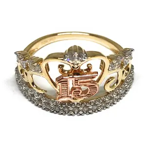10k Solid Gold Yellow & Rose Gold Crown CZ Mis 15 Años Ring (FC 81)