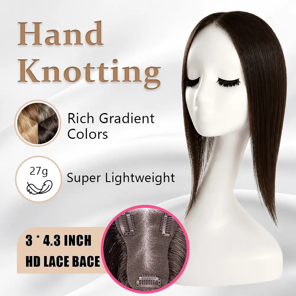 EC 27g Ultra-Light Synthetic Hair Topper - 14in Free Parting Synthetic Extensions & Pieces, 7.5×11cm Hand-Knotted Breathable Lace Base, No-Glue No-Sew, Grey Coverage Instant Volume for Thinning Hair, Casual Wear